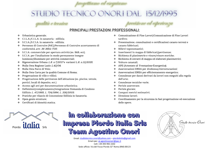 Locandina Studio Tecnico Onori - elenco completo delle prestazioni professionali, in collaborazione con Piordo Italia S.r.l.s.